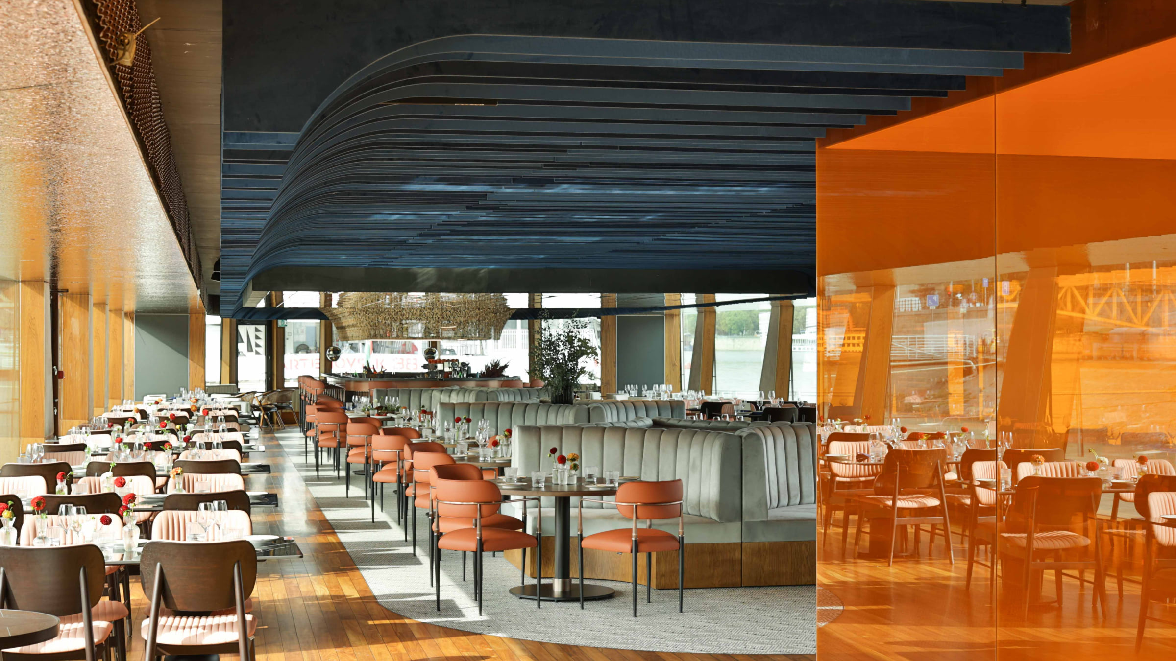 Elegant dining room set for the River Diva dinner cruise in Budapest